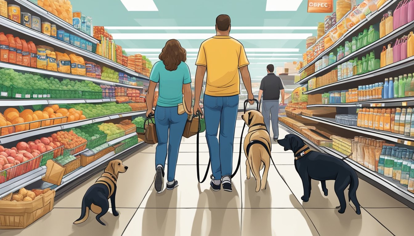 Service dogs calmly accompany their owners through the aisles of a busy supermarket in Boca Raton, Florida. They are focused and well-behaved, providing support and assistance to their handlers