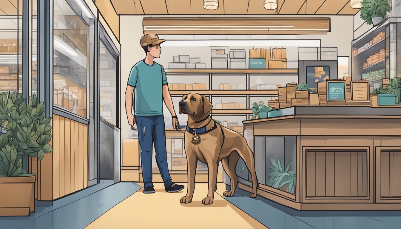 A service dog stands calmly beside its owner, as a store employee politely asks about the dog's training and purpose