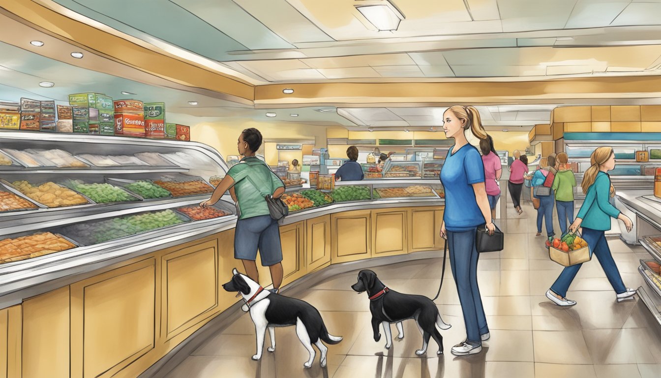 Service dogs confidently navigate through a bustling restaurant or supermarket in Boca Raton, displaying their impeccable training and calm demeanor