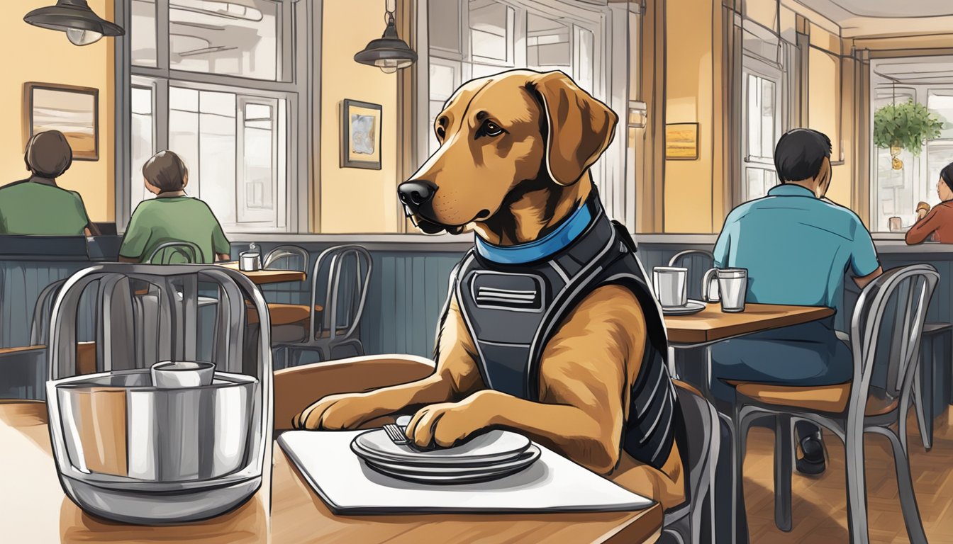 A service dog sits calmly beside a table in a restaurant, with a focused and attentive expression, while the owner dines peacefully