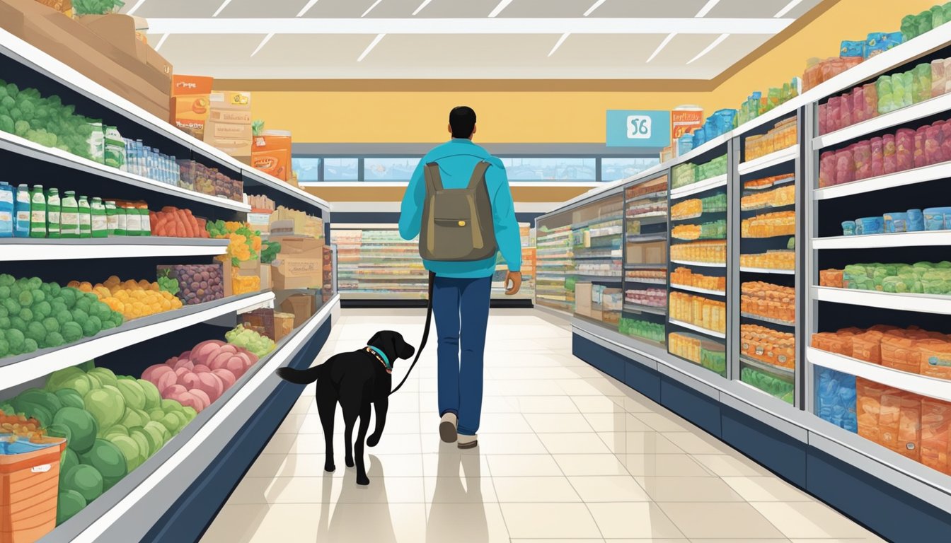 A service dog calmly walks through the aisles of a bustling supermarket in Boca Raton, tail wagging gently as it accompanies its owner