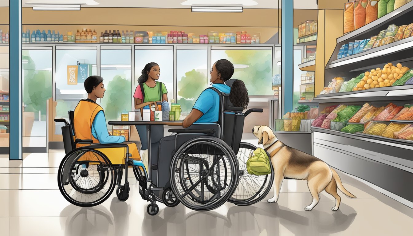 A service dog wearing a vest sits calmly next to a person in a wheelchair at a restaurant, while another service dog helps a visually impaired person navigate through the aisles of a supermarket in Boca Raton