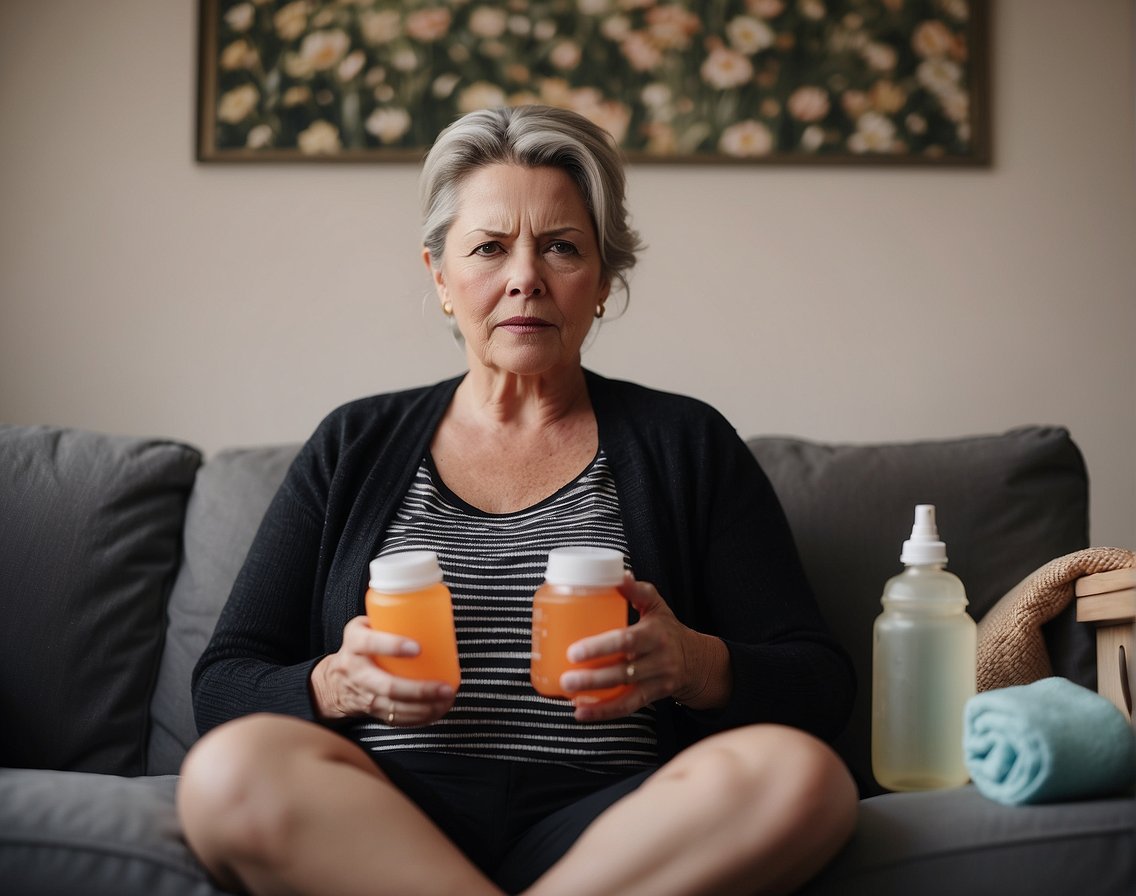 A woman experiencing menopause joint pain, sitting with a pained expression, holding her knees, surrounded by heat packs and a bottle of pain medication