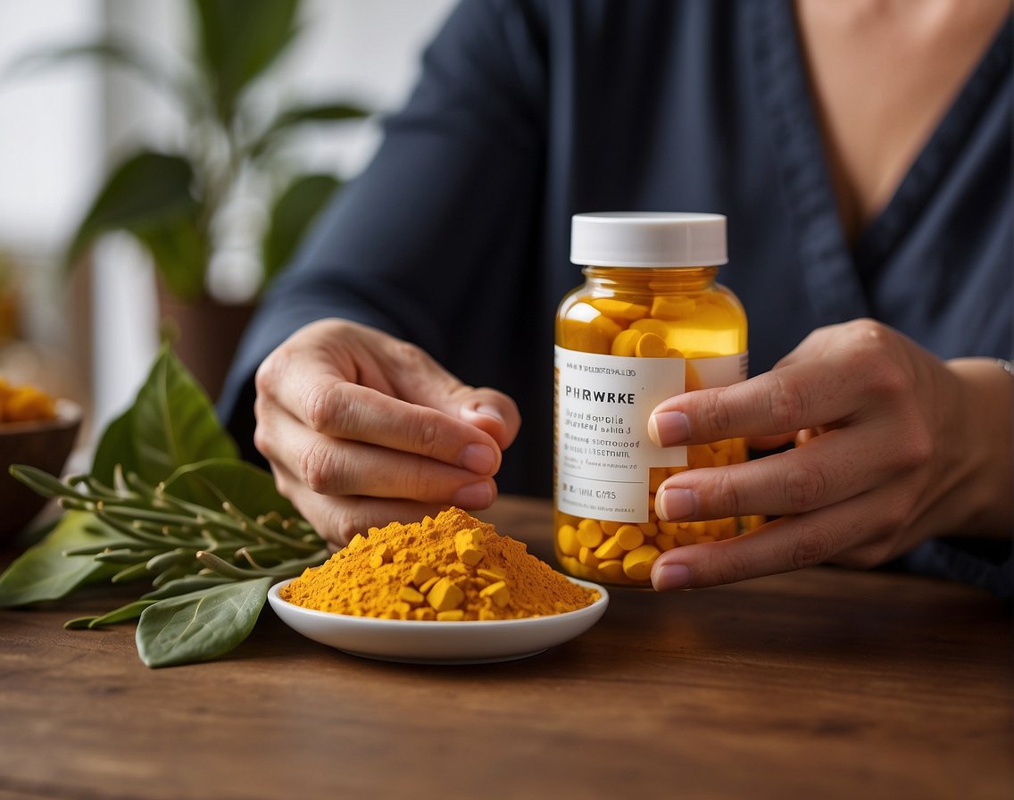 A woman holding a bottle of menopause joint pain supplements, surrounded by various natural ingredients like turmeric, ginger, and black cohosh