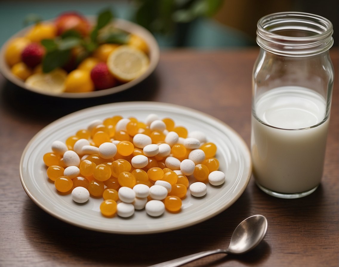 A bottle of menopause joint pain supplements next to a plate of nutritious foods, with a measuring spoon and a glass of water on a table