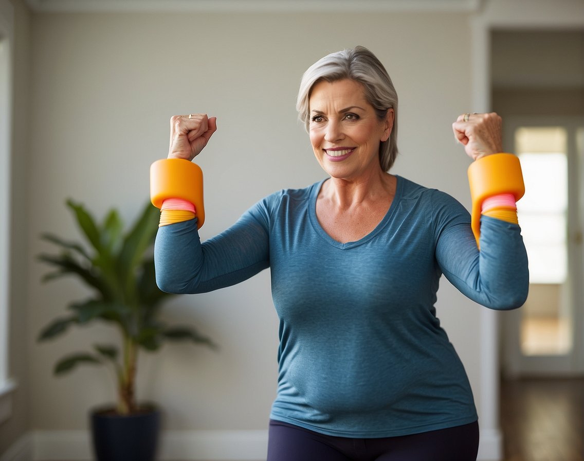 A woman is seen exercising with a resistance band to relieve joint pain caused by menopause. She is surrounded by various physical activity supplements such as vitamins, protein powders, and collagen