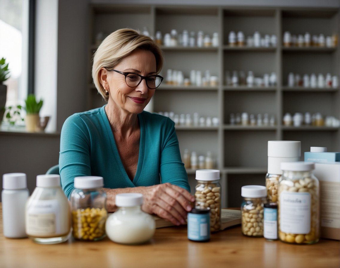 A woman sitting at a desk, surrounded by bottles of supplements and jars of creams. She is reading a book about managing menopause joint pain