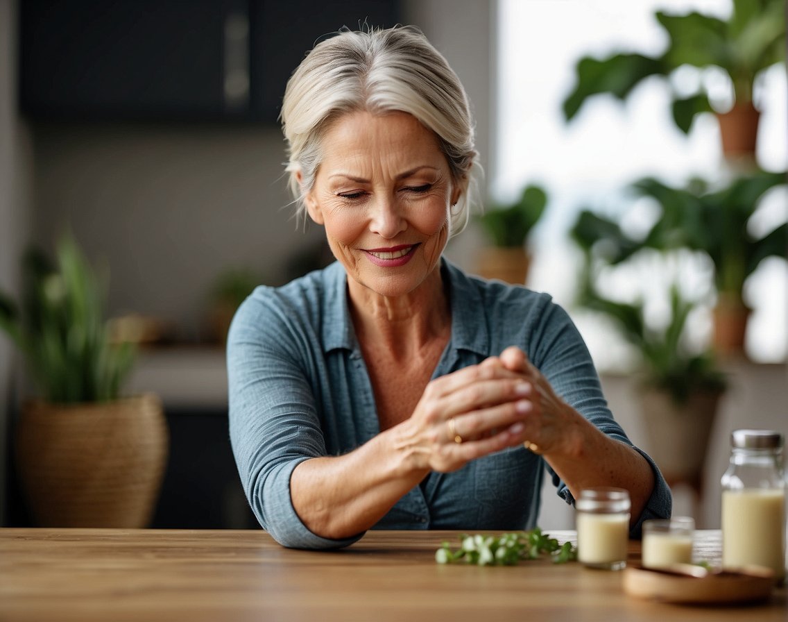 A woman finding relief from joint pain through natural remedies during menopause