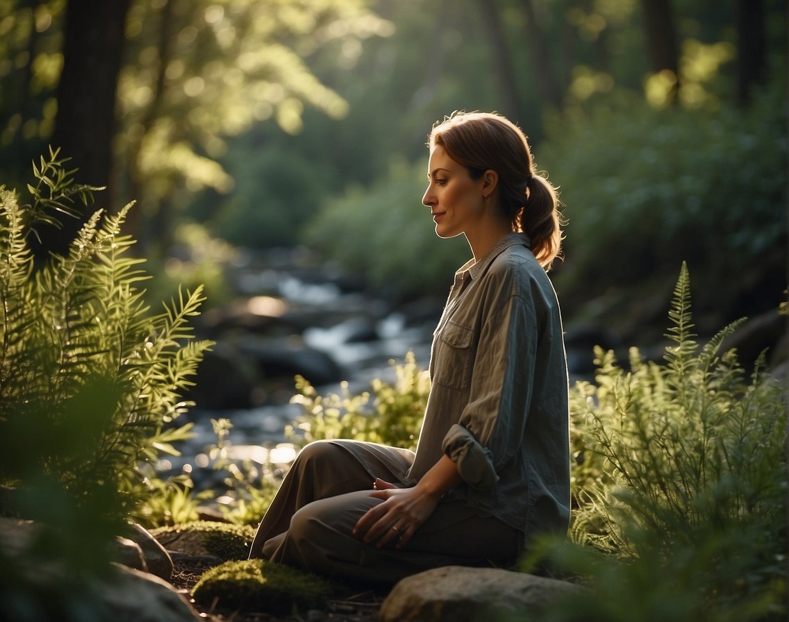 A serene forest with a stream, surrounded by vibrant, healing herbs and plants. A woman peacefully gathers natural supplements for joint pain relief