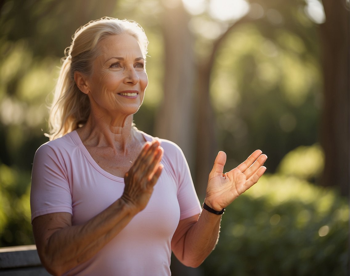 A woman engages in low-impact exercises, such as yoga or swimming, to alleviate joint pain during menopause. She incorporates natural remedies like turmeric or ginger into her routine
