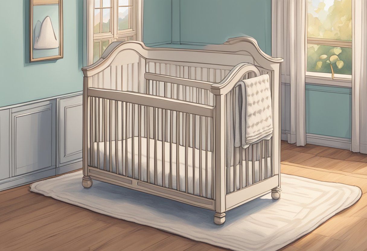 A baby's crib with a soft, cozy blanket draped over the edge, with a question mark hovering above it