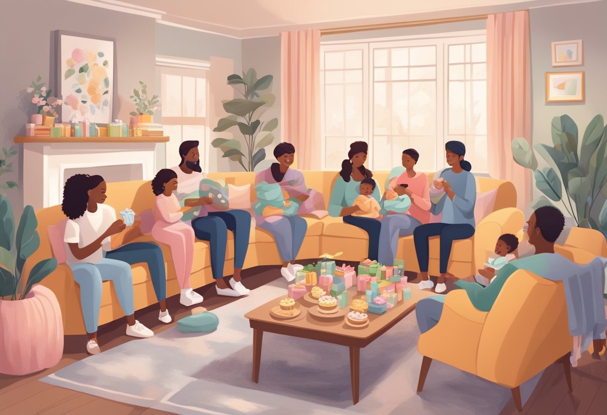 A group of friends and family gather in a cozy living room, adorned with pastel decorations and a table filled with gifts and treats, to celebrate the upcoming arrival of a new baby