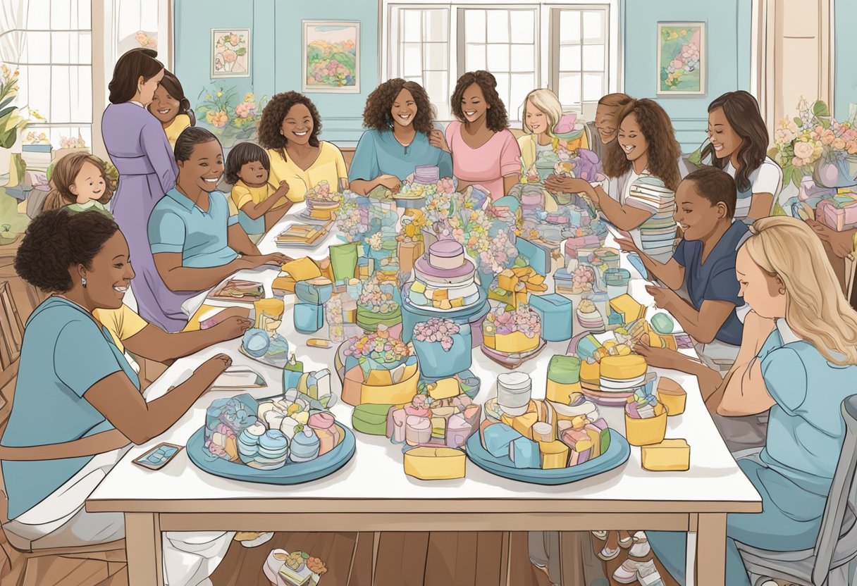 A table filled with baby items, surrounded by excited guests at a baby shower. Gifts of all sizes and colors are neatly arranged, ready to be opened