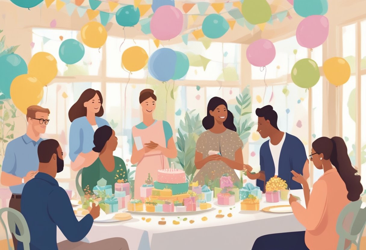 Guests socialize at a baby shower with thoughtful gifts and decorations