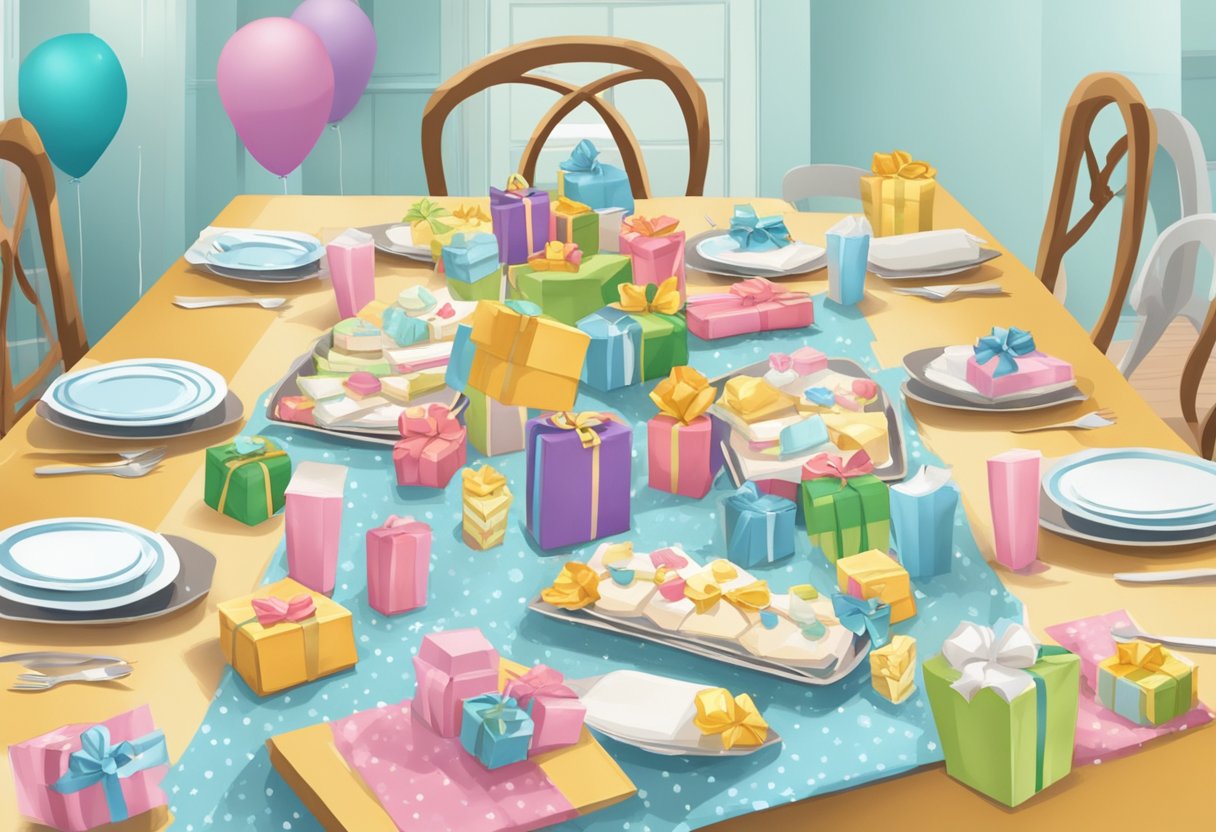 A table with scattered gifts, empty chairs, and leftover decorations from a baby shower