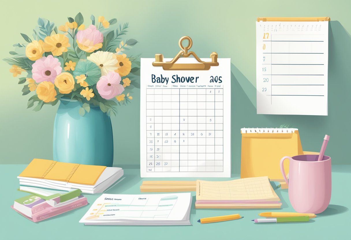 A table with a calendar, clock, and a list of baby shower FAQs