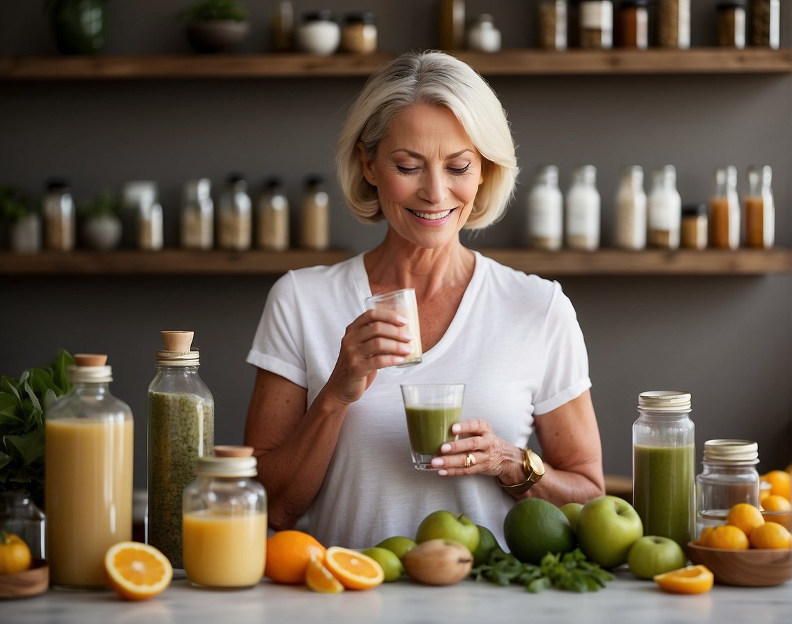 A woman adds collagen powder to her morning smoothie, surrounded by bottles of natural remedies for menopause joint pain