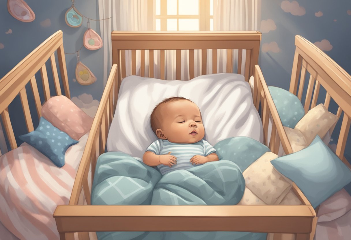 A baby lies on its stomach in a crib, surrounded by pillows and soft blankets. A warning sign about the risks of stomach sleeping is prominently displayed nearby