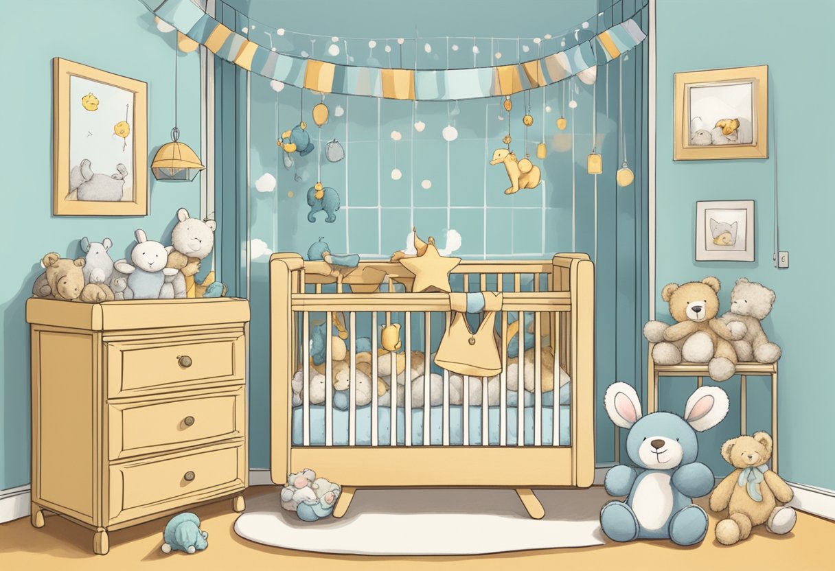 A crib with a sleeping newborn on their back, surrounded by stuffed animals and a mobile overhead