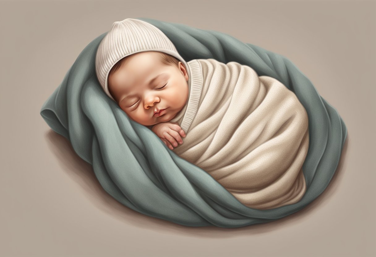 A newborn baby is swaddled in a cozy blanket, sleeping peacefully on their stomach for comfort