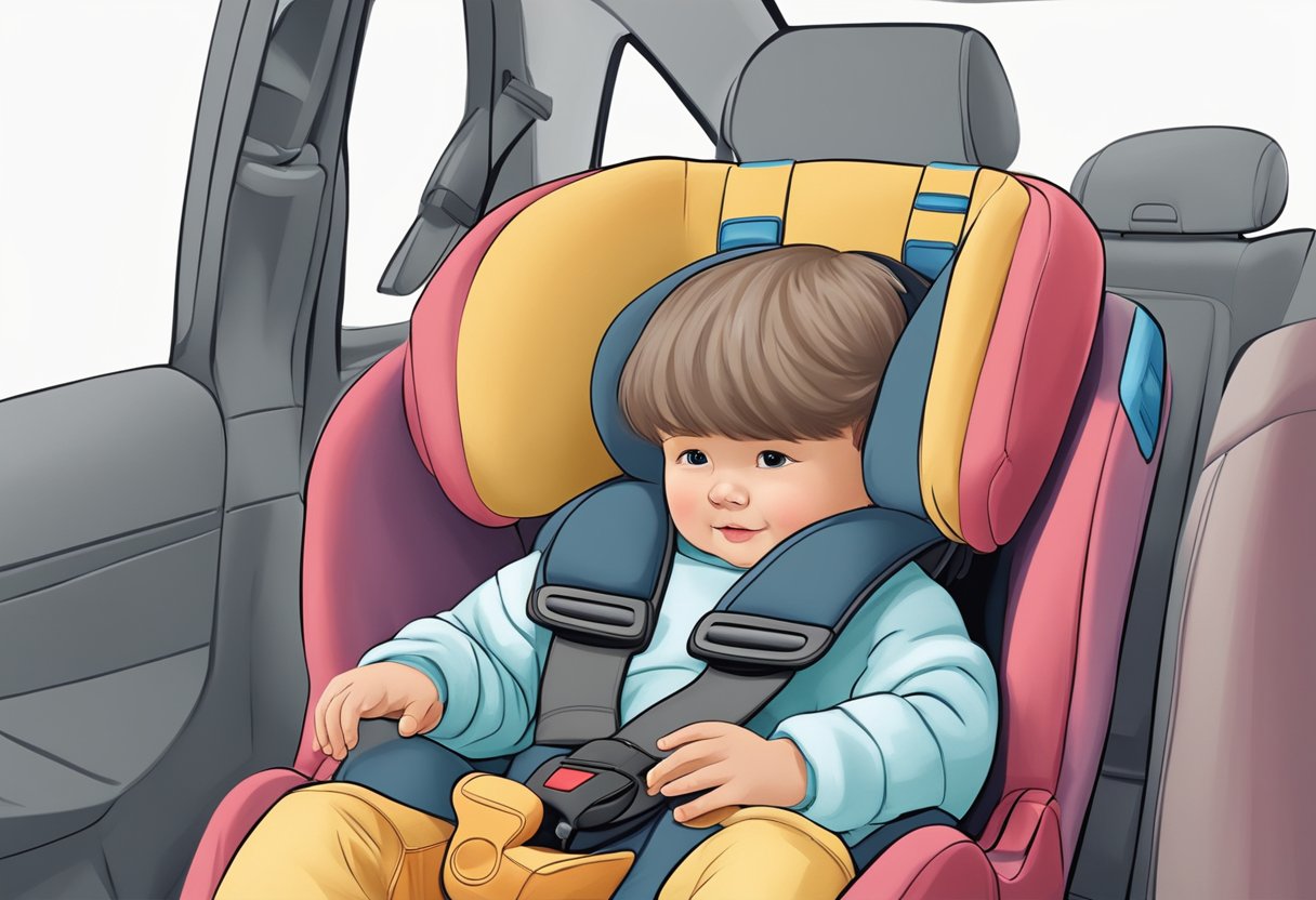 A child sits in a car, reaching the height or weight limit for a forward-facing car seat, indicating it's time to switch to a booster seat