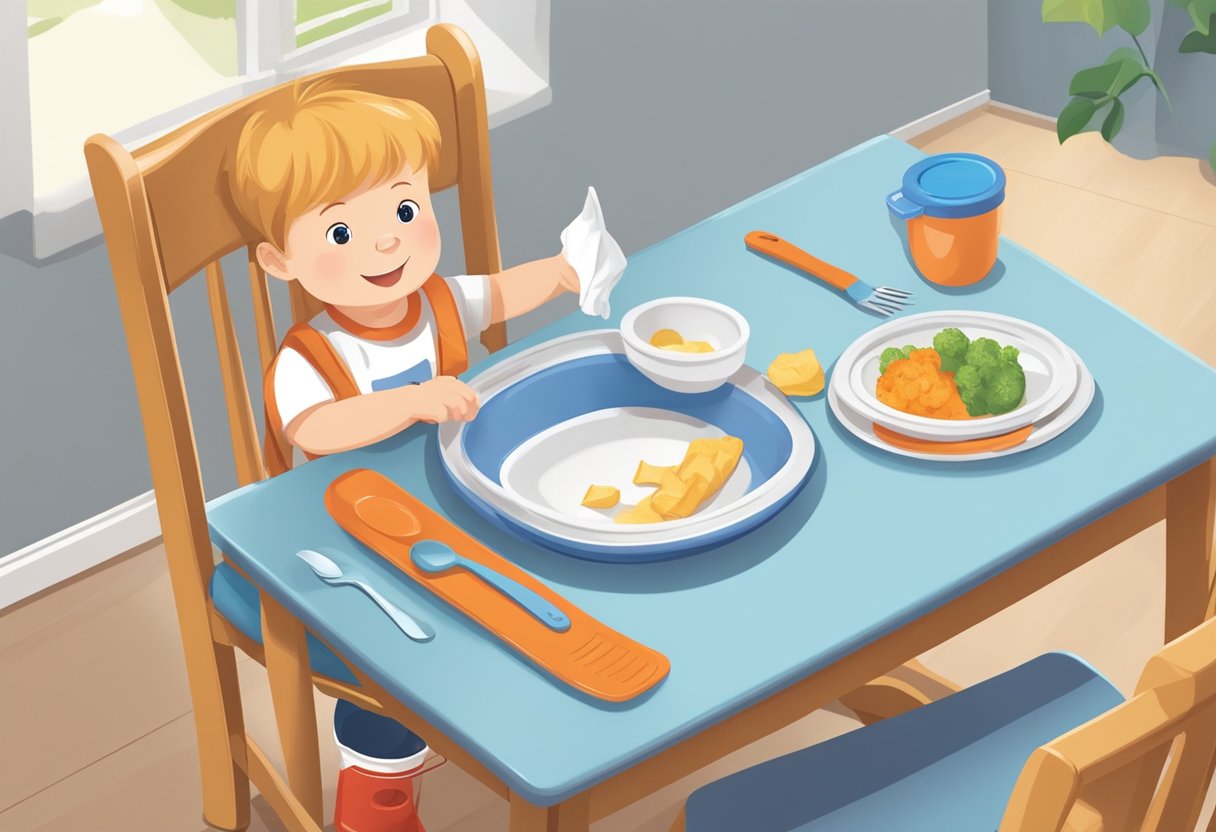 A booster seat placed on a dining chair, with a child's plate and utensils nearby. A parent wipes the seat clean with a cloth