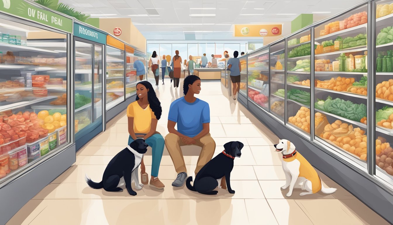 Emotional support dogs calmly sit beside their owners in a bustling supermarket or restaurant in Boca Raton, providing comfort and support