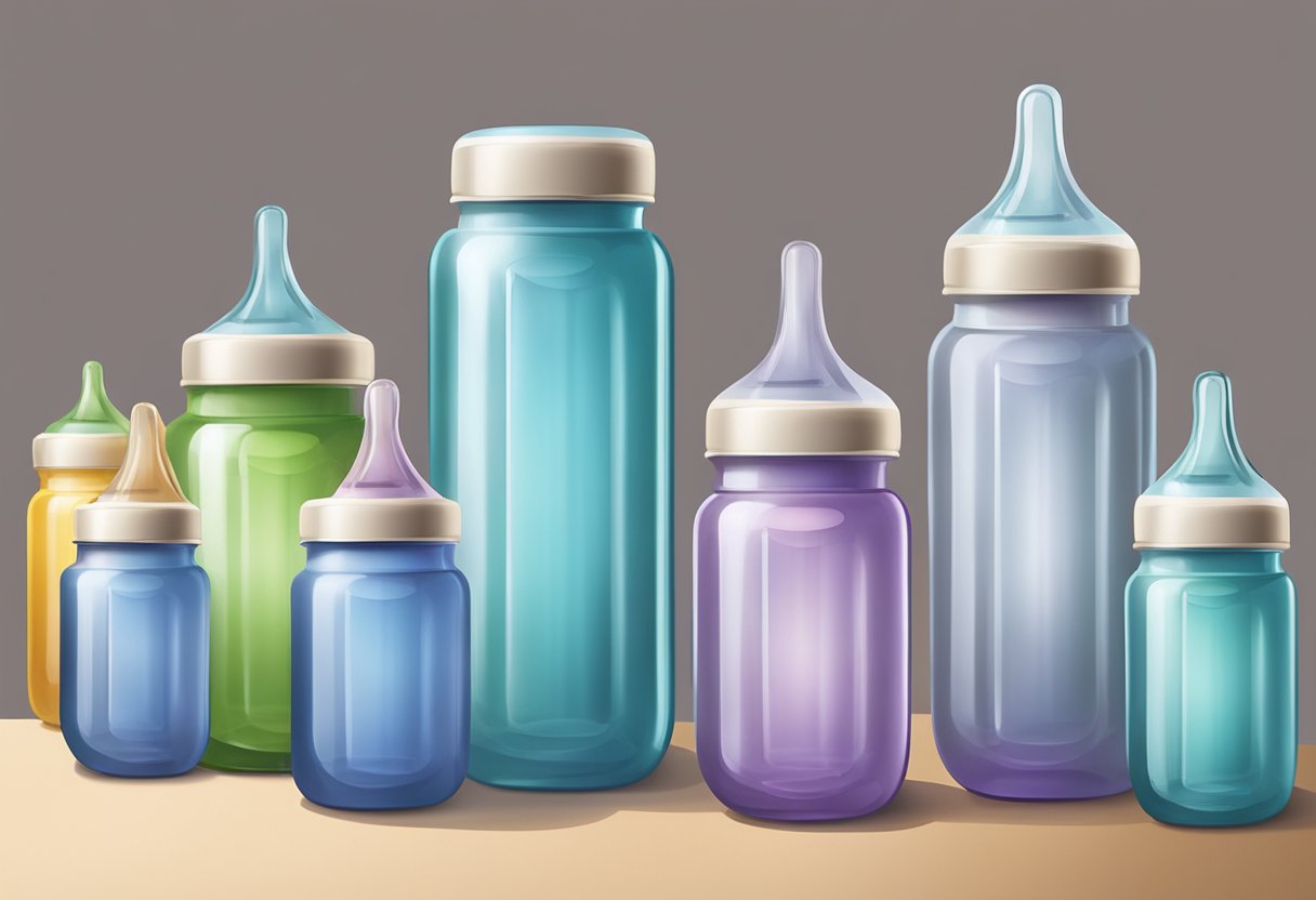 Several baby bottles of varying sizes arranged in a neat row on a countertop