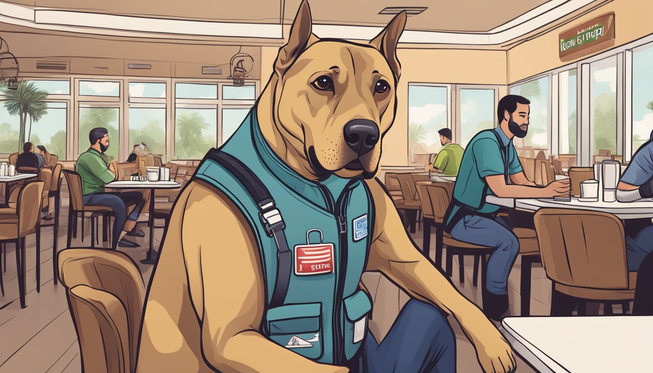 An emotional support dog sits calmly beside its owner in a bustling restaurant or supermarket in Boca Raton, displaying a service animal vest or badge