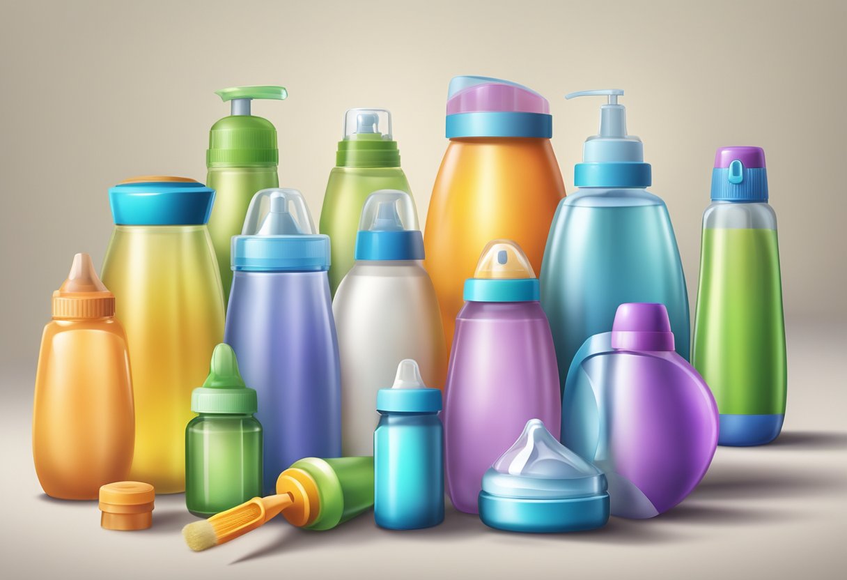 Several baby bottles of different sizes and shapes arranged on a countertop with various accessories such as bottle brushes, nipples, and caps scattered around