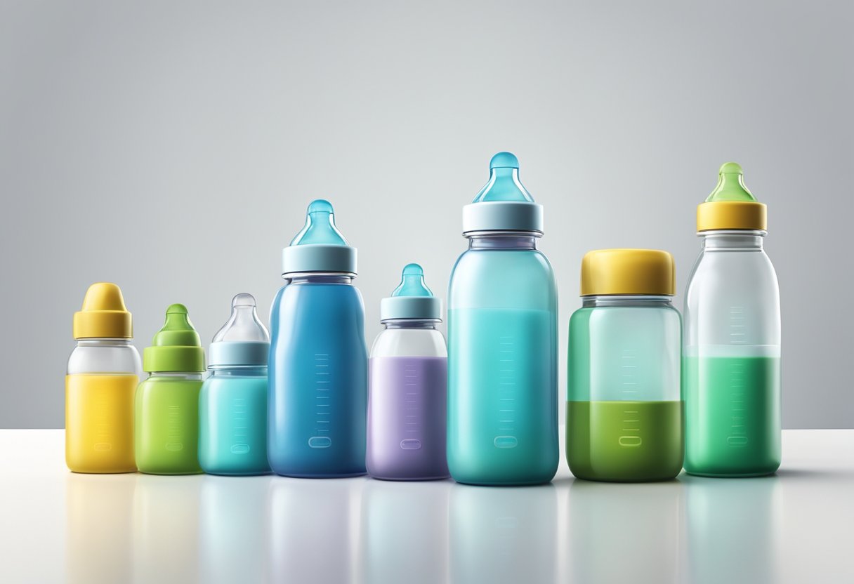 A collection of various baby bottles arranged in a neat row, with different sizes and colors, sitting on a clean, white countertop