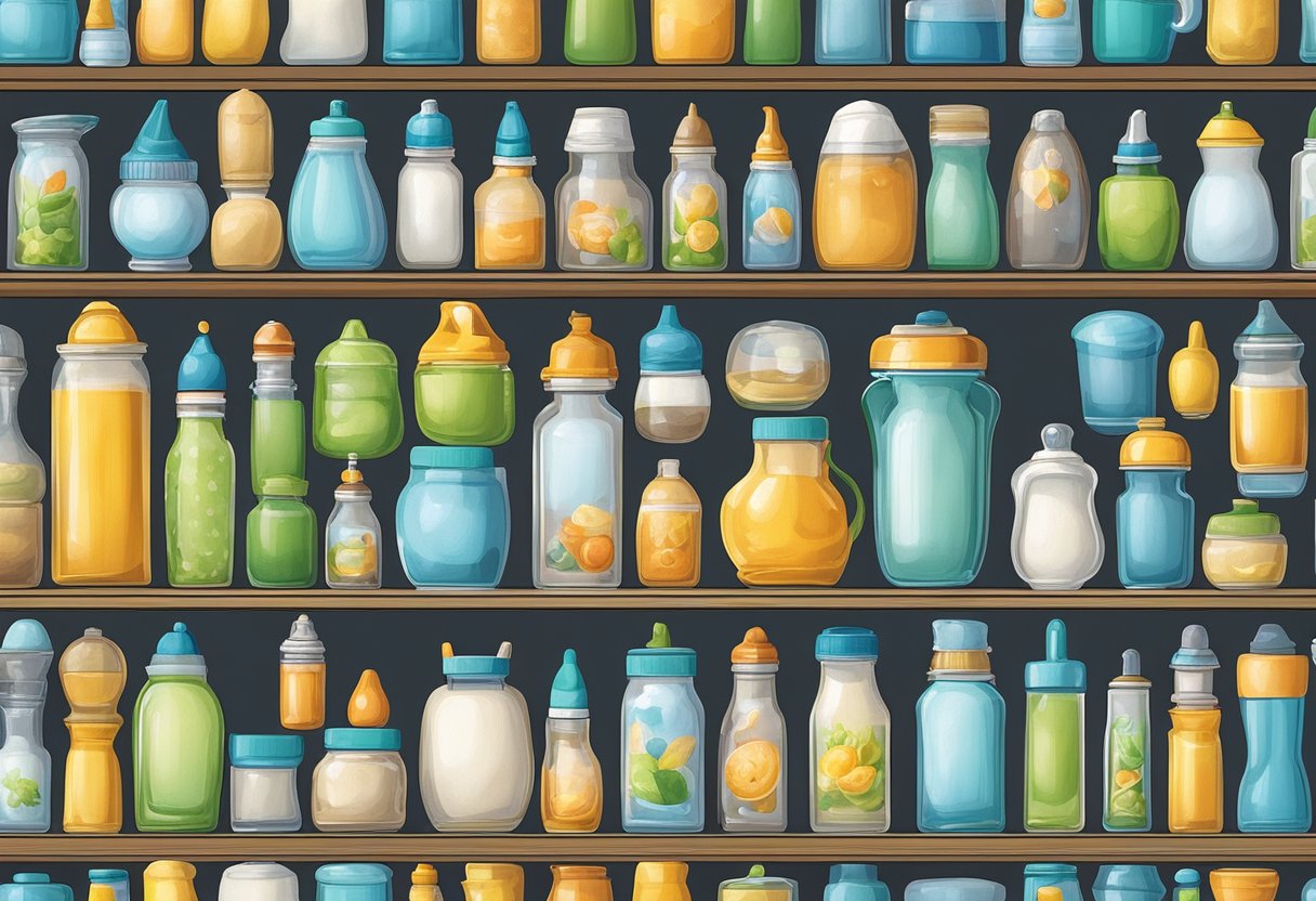 A variety of baby bottles displayed on a shelf, showcasing different shapes, sizes, and materials. Some have unique designs and innovative features for feeding infants