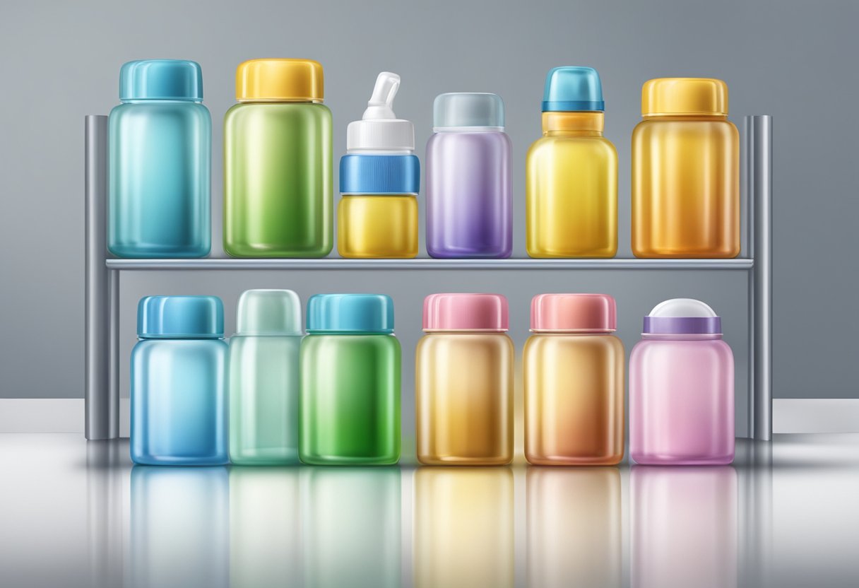 A stack of baby bottles of varying sizes and colors, arranged neatly on a shelf or countertop