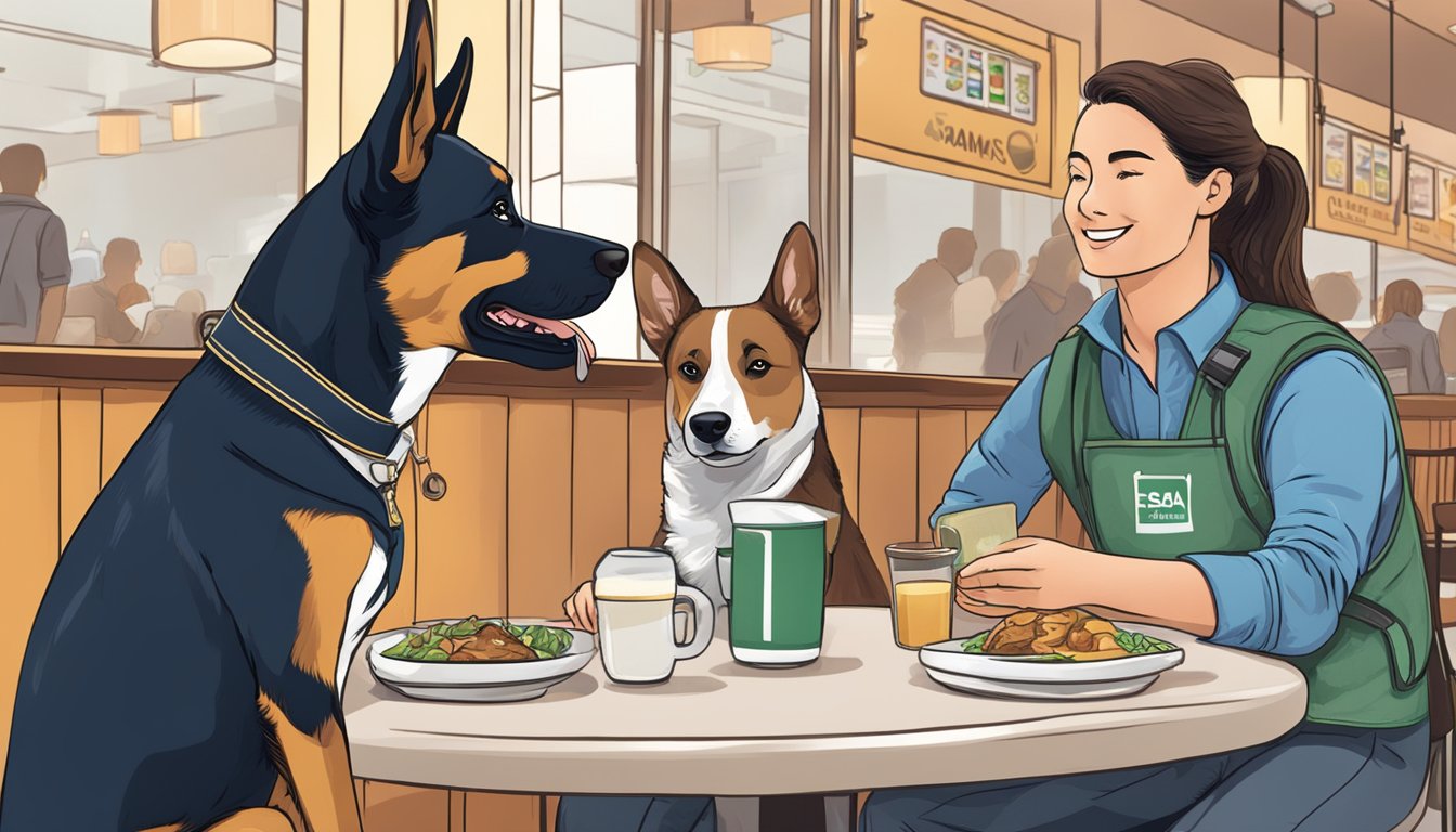 A dog wearing an ESA vest is calmly sitting next to its owner at a table in a restaurant, while a supermarket employee smiles and gestures for them to enter