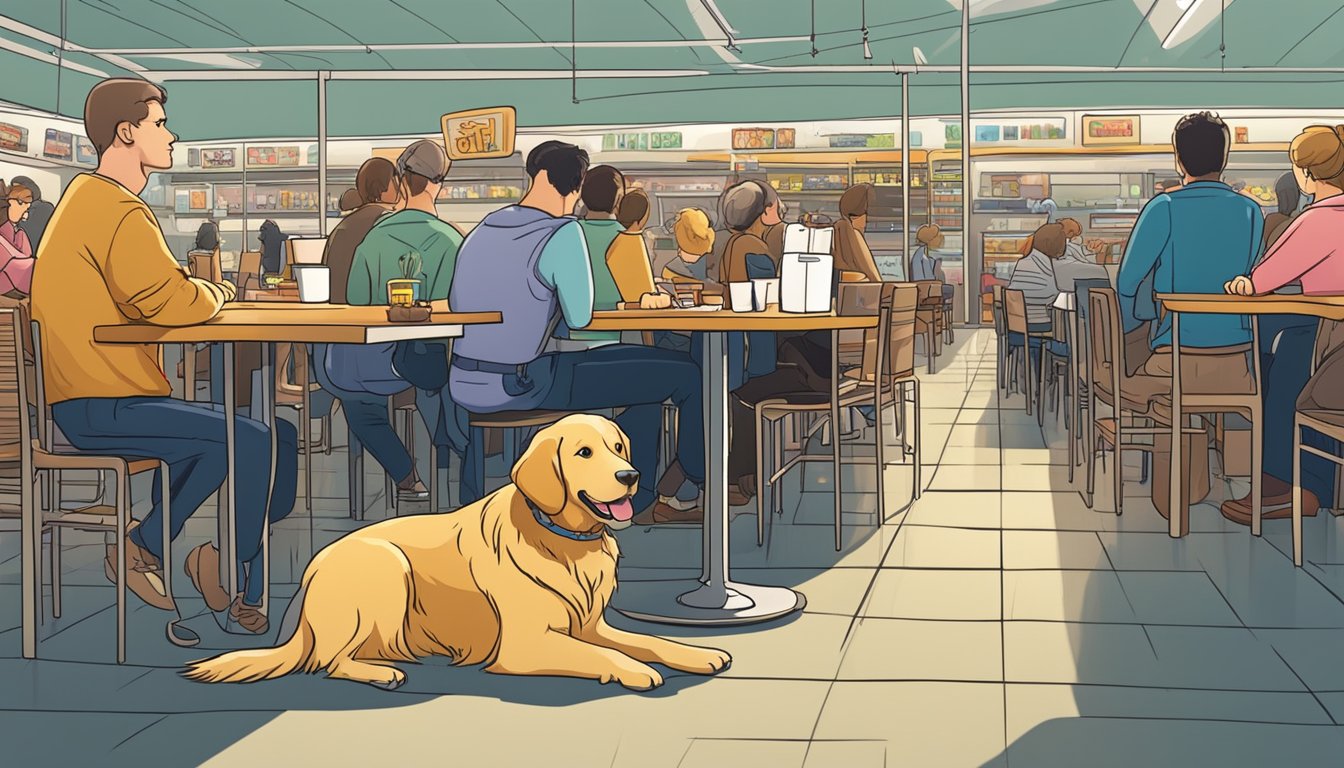 A golden retriever sits calmly under a table in a bustling restaurant, surrounded by patrons. A supermarket aisle shows a small poodle riding in a shopping cart, looking content