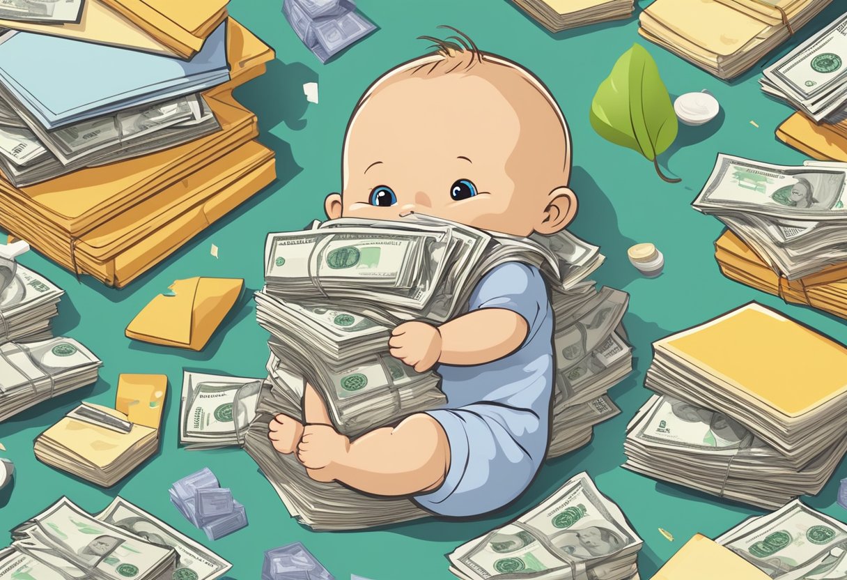 A baby surrounded by stacks of bills and household items, symbolizing financial and practical considerations