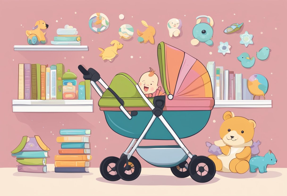 A baby surrounded by various childcare options: stroller, crib, toys, books, and a loving pet