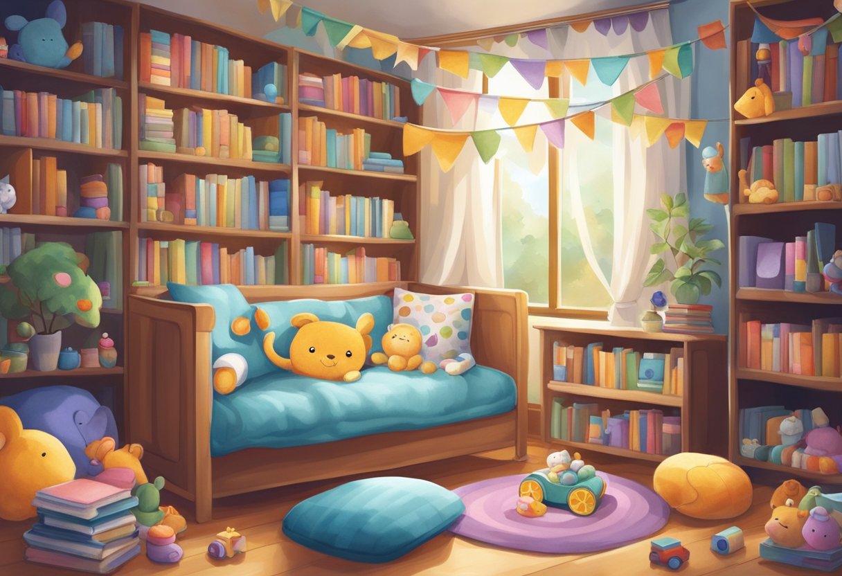 A baby surrounded by books and toys, with a colorful mobile hanging above. A cozy blanket and soft pillows create a comfortable and nurturing environment