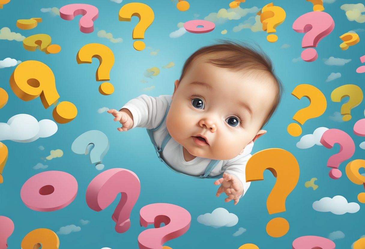 A baby looking up at a floating question mark, surrounded by other floating question marks