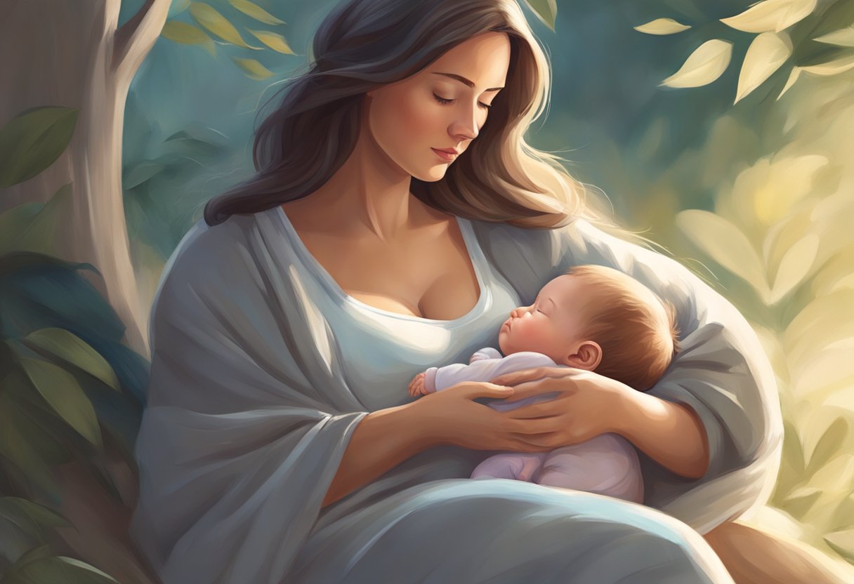 A mother sitting in a peaceful environment, cradling her baby while breastfeeding, with a sense of calm and connection between them