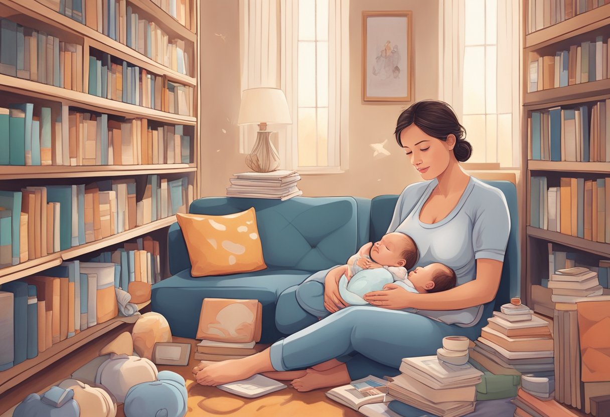 A mother sitting in a peaceful, nurturing environment, surrounded by books, lactation consultants, and supportive family members, while breastfeeding her baby