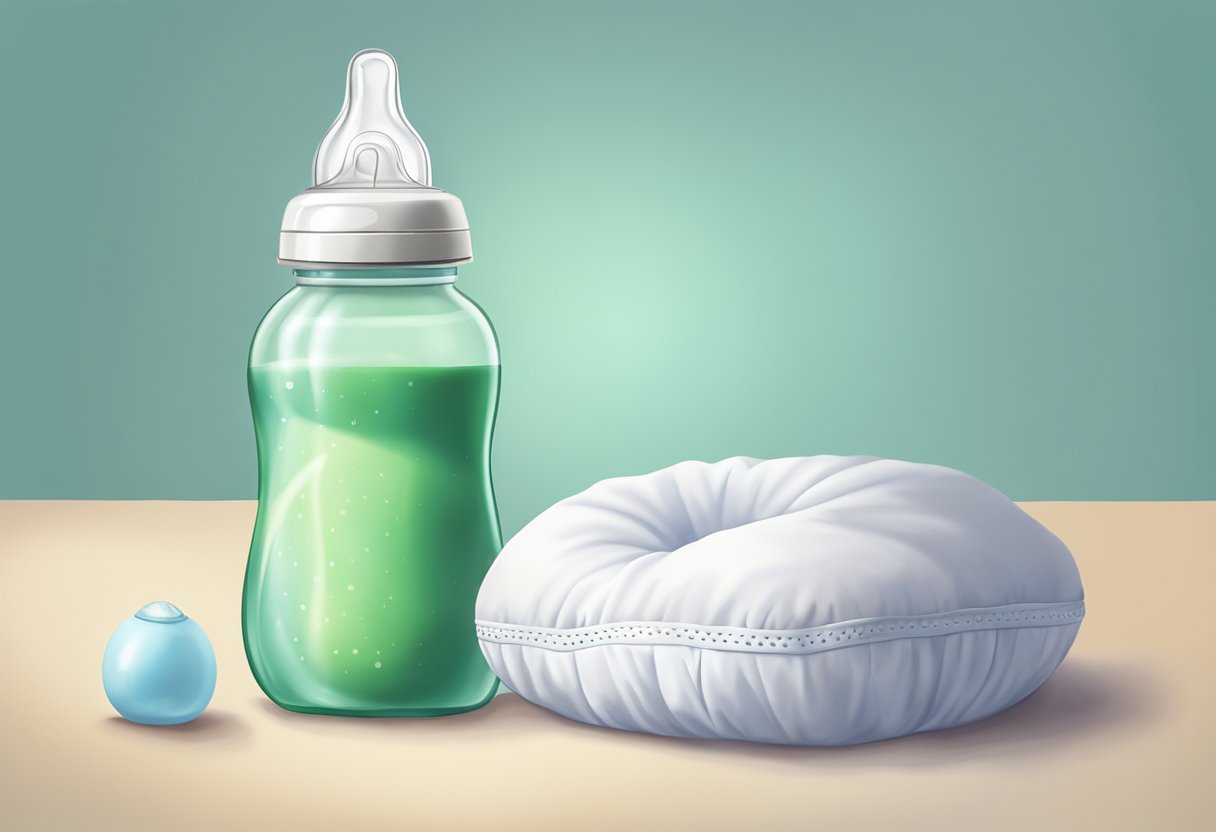 A baby bottle sits next to a breastfeeding pillow, ready to be introduced to a breastfed baby