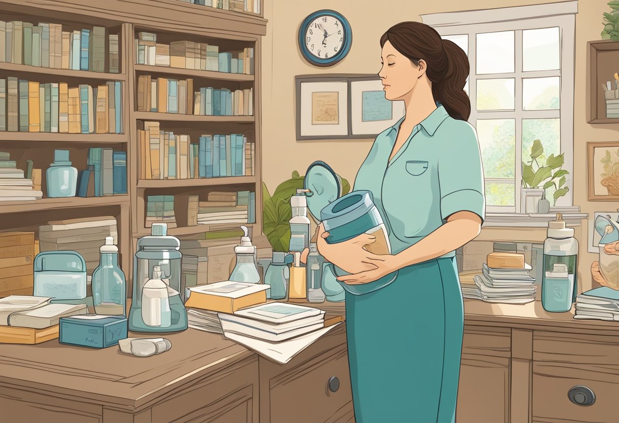 A mother holds a bottle and breast pump, surrounded by informational books and resources. A clock on the wall shows the passing of time