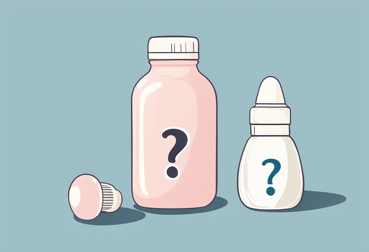 A baby bottle and a breastfeeding mother's nipple with a question mark hovering above them