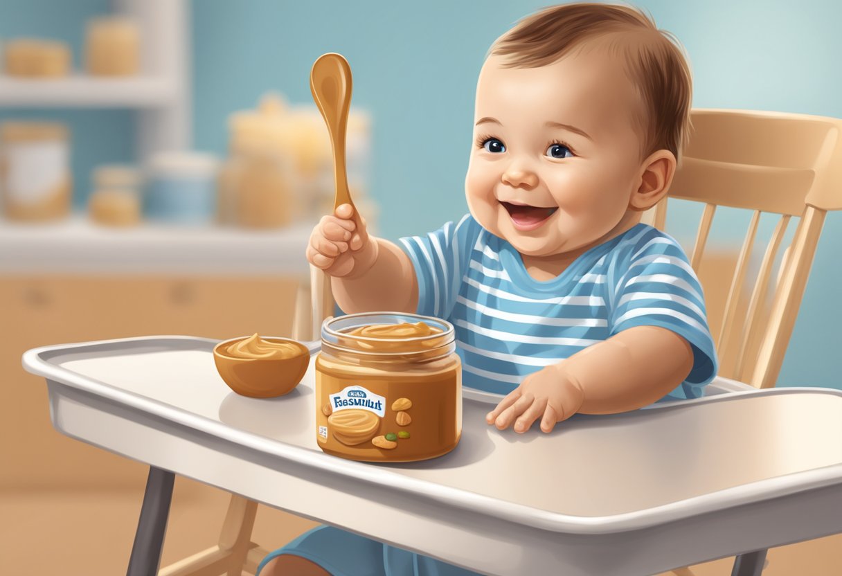 A jar of peanut butter sits on a high chair tray. A spoonful of it is being offered to a smiling baby