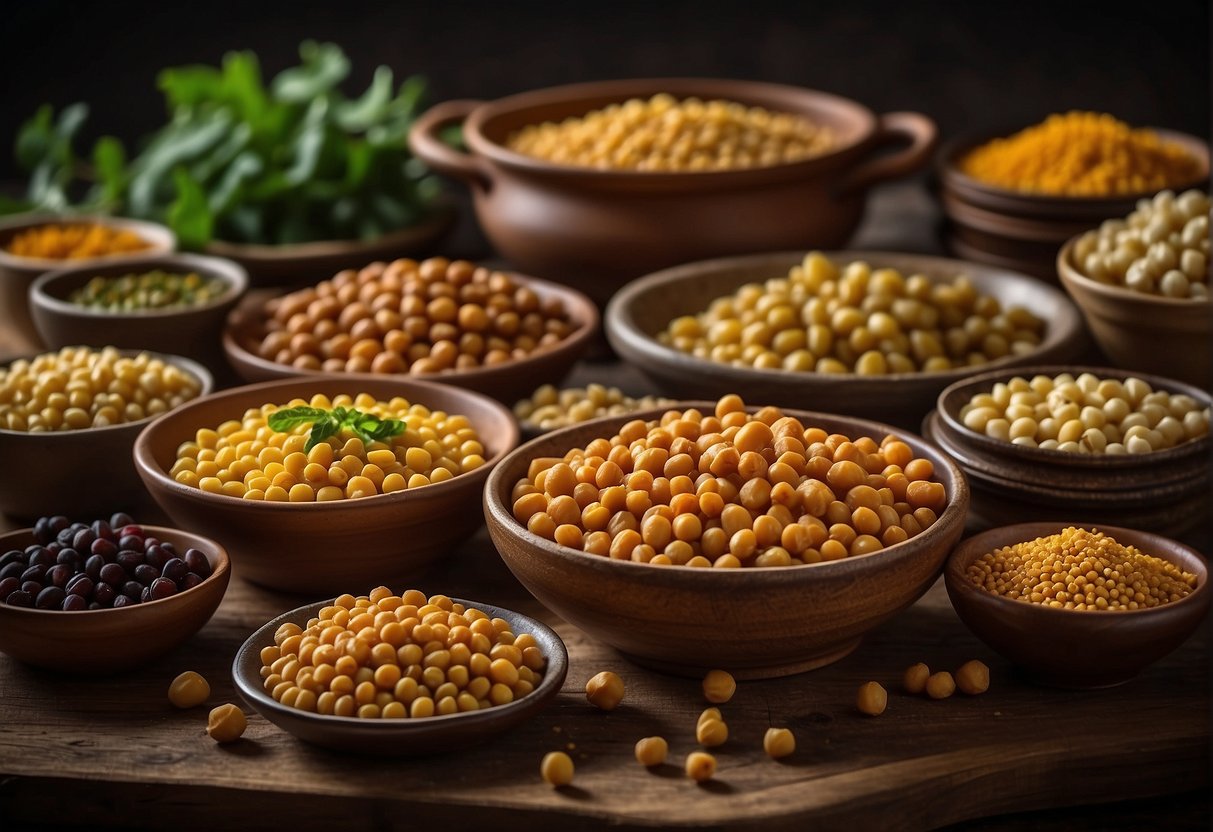 A table filled with various chickpea dishes from around the world, showcasing the diverse flavors and textures of the legume