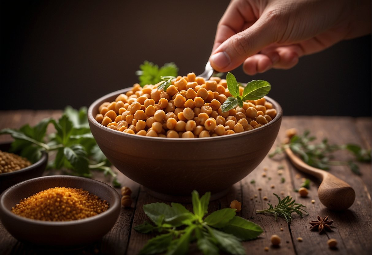 A bowl of chickpeas with a spoon, surrounded by various spices and herbs. A person's hand reaching out to taste one