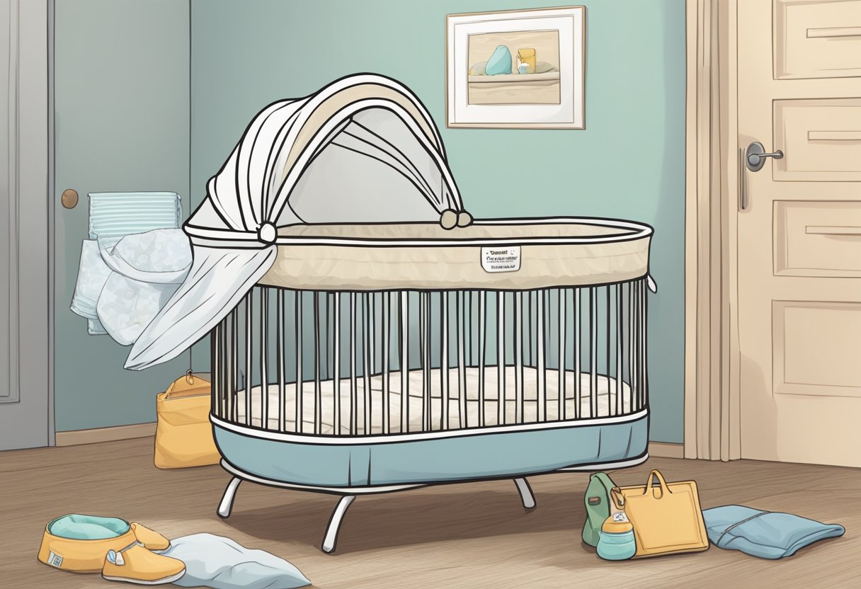 A bassinet being packed away with a label indicating "time to stop using bassinet" and a baby's crib being set up in the background