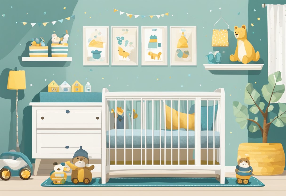 A bassinet sits empty next to a crib, surrounded by toys and baby essentials. A calendar on the wall marks the date for transitioning