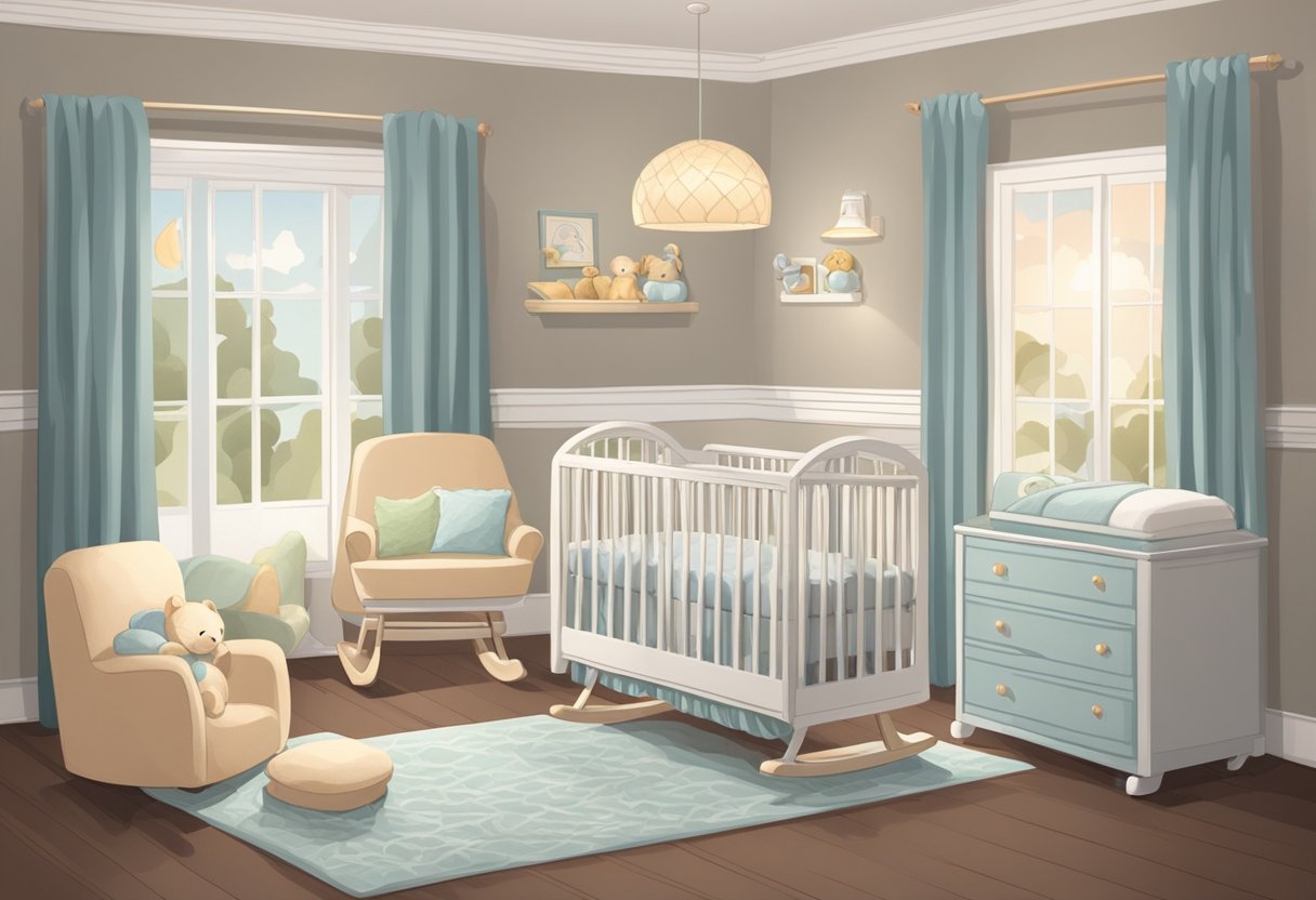 A cozy nursery with a soft, dimly lit ambiance. A bassinet is positioned next to a comfortable rocking chair, surrounded by plush blankets and a soothing mobile hanging overhead